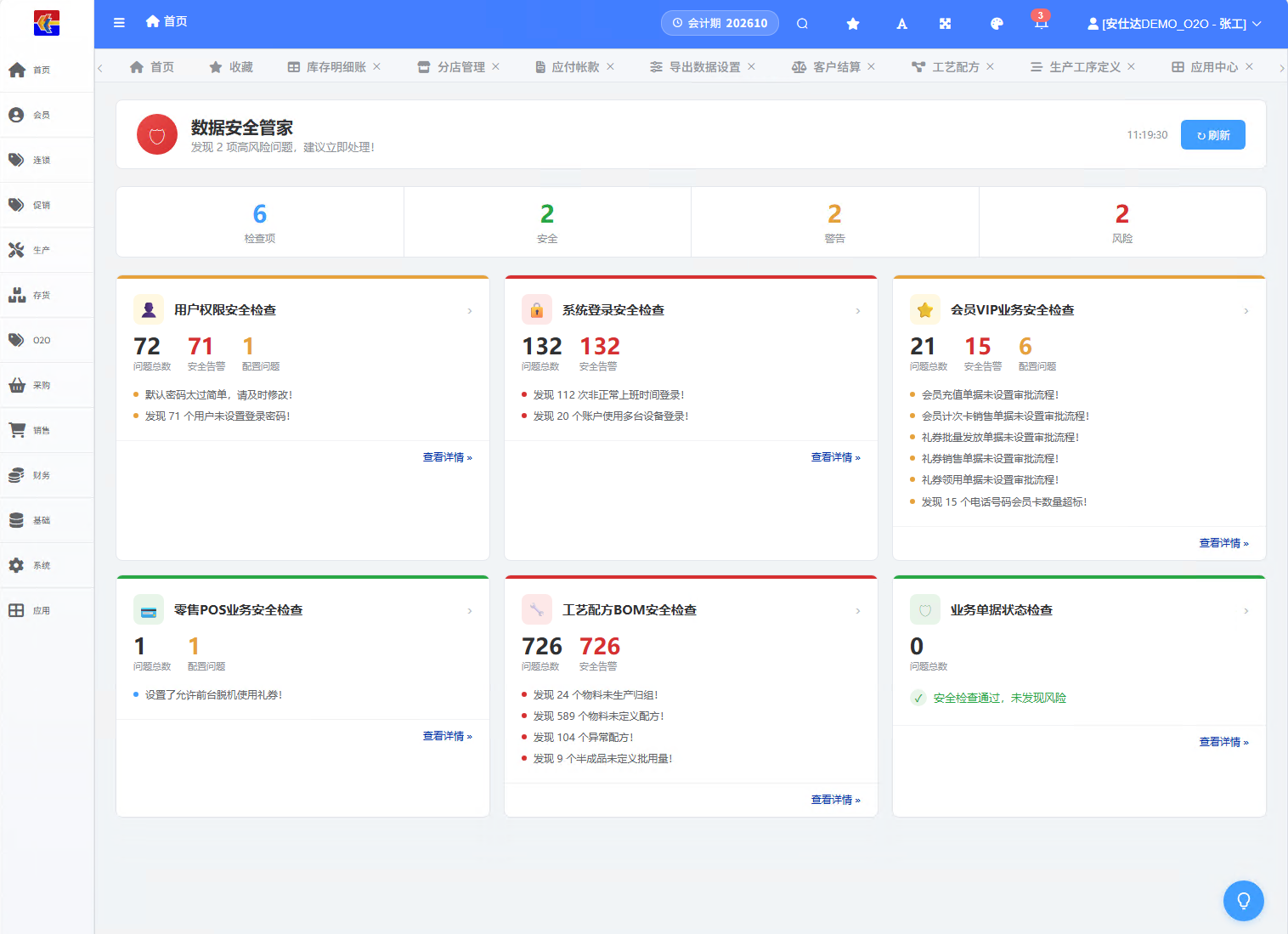 数据安全管家看板:顶部四格汇总 6 检查项 / 2 安全 / 2 警告 / 2 风险,下面六张体检卡各列条数与结论